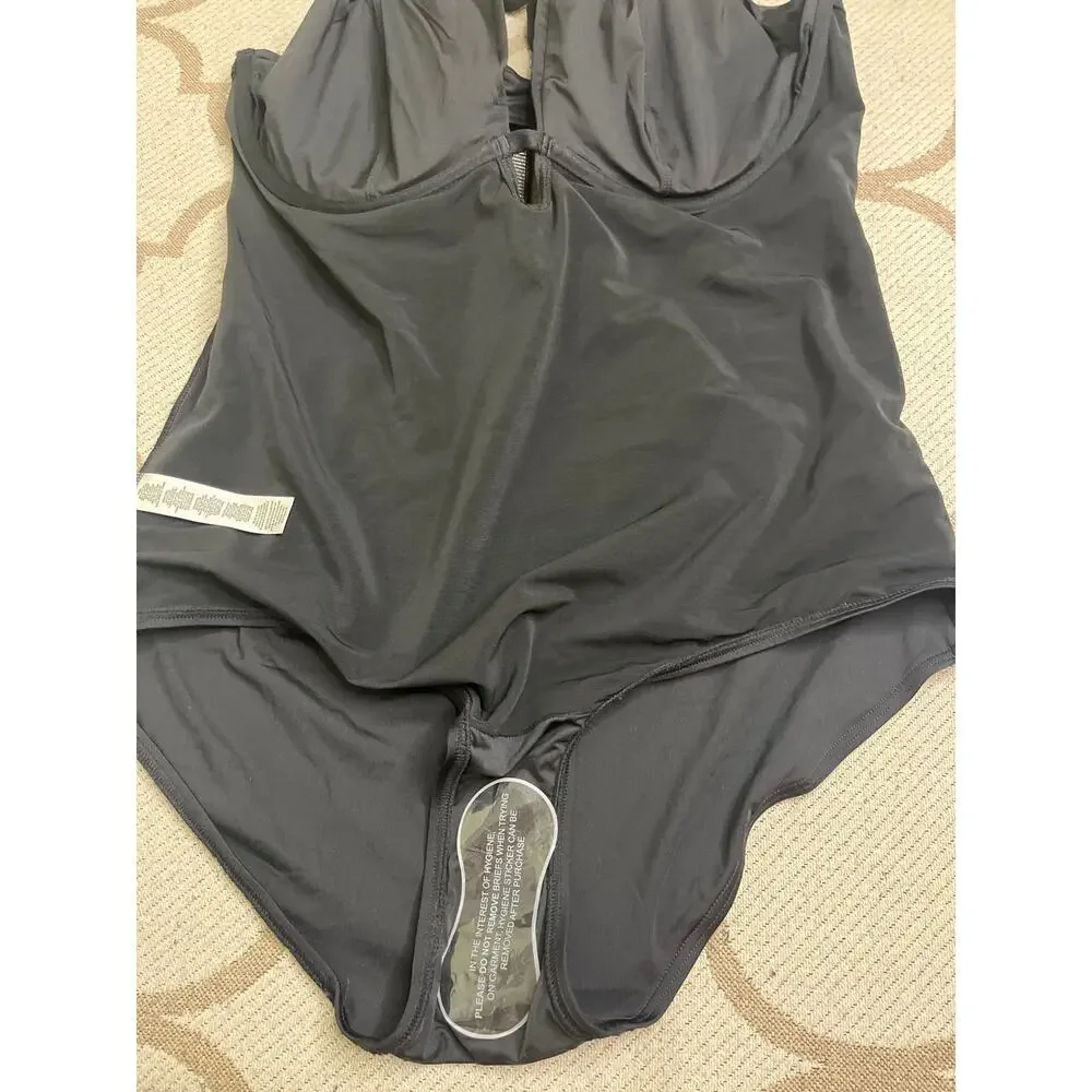 City Chic Cancun Underwire one-piece swimsuit black plunging neckline,size large